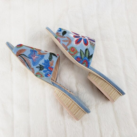 Flower Power Embroidered Denim slip on mule clogs Wood Wrap Heels 70's - Picture 8 of 10